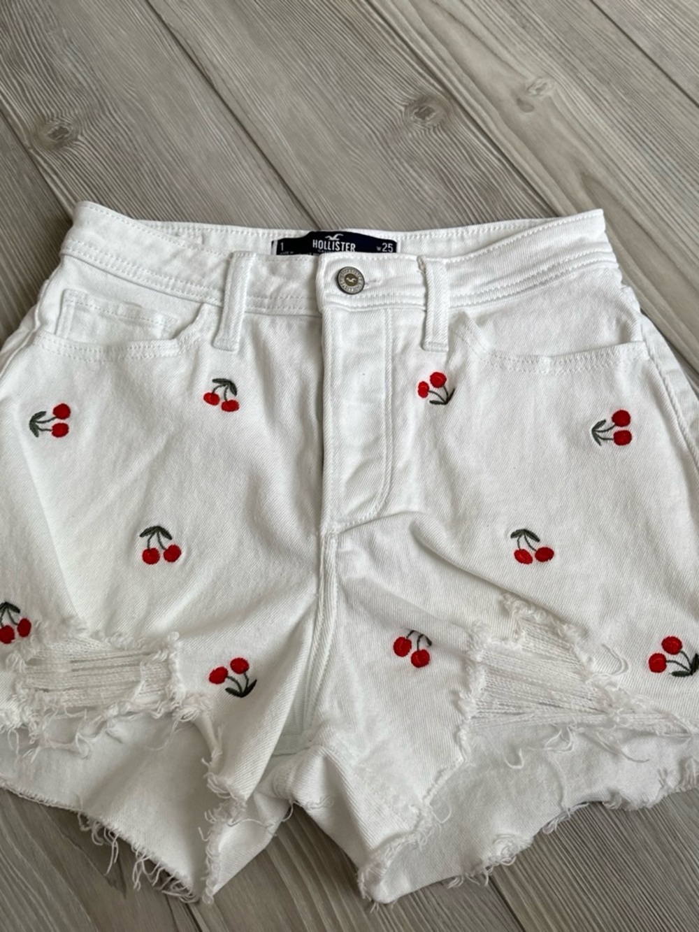 Hollister White Denim Shorts with Red Cherry Embroidery